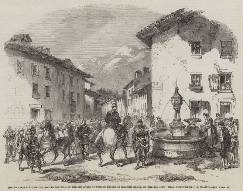 A Guerra, Chegada da Segunda Divisão do 4º Corpo de Tropas Francesas em Modane, Savoy, na 3ª inst. de Jean Adolphe Beauce