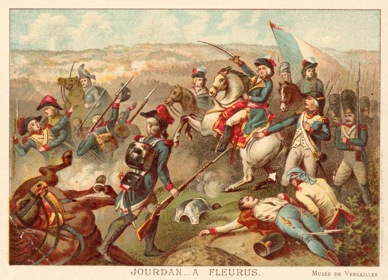 General Jourdan na Batalha de Fleurus, 1794 (cromolito) de Jean Baptiste Mauzaisse