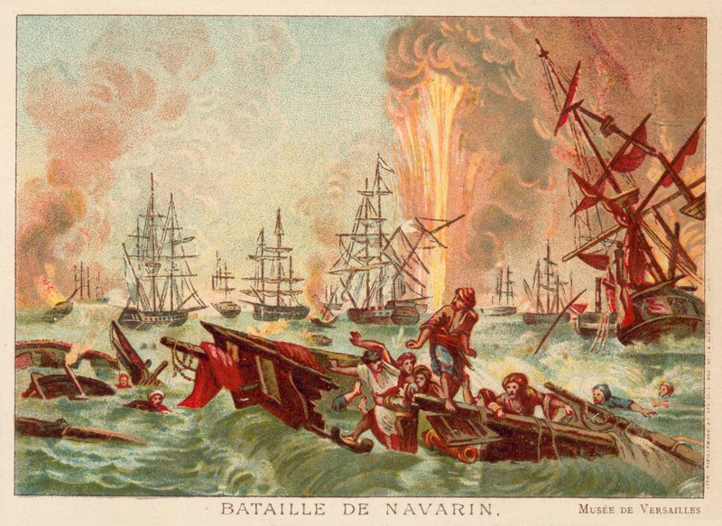 Batalha de Navarino, 1827 (chromolitho) de Jean Charles Langlois