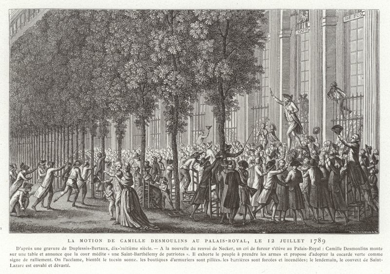 Camille Desmoulins emite seu chamado às armas do lado de fora do Palais Royal, Paris, Revolução Francesa, 12 de julho de 1789 de Jean Duplessis Bertaux