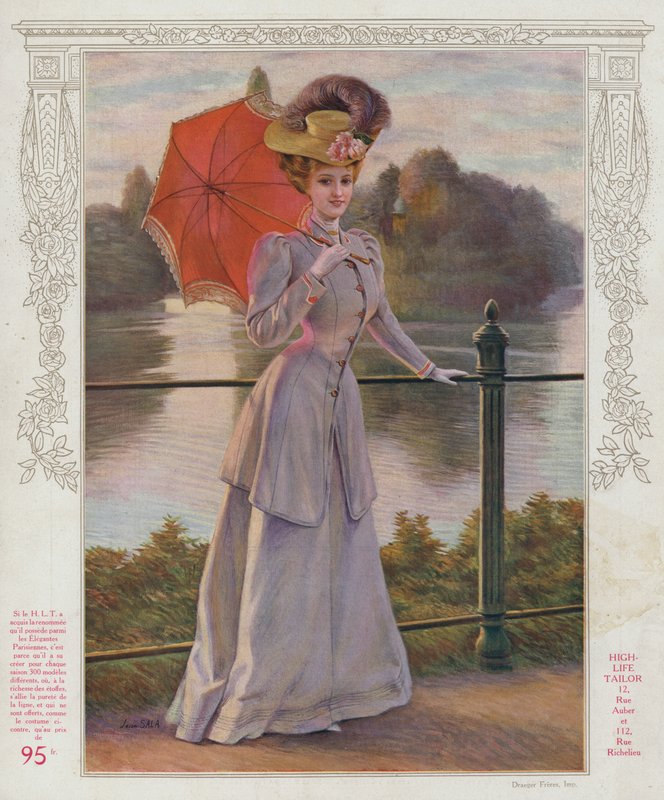Mulheres, em, longo, roxo, vestido, segurando, parasol de Jean Sala