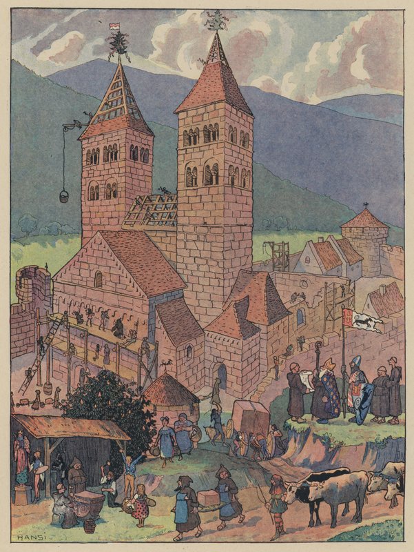Construção da Abadia de Murbach, perto de Guebwiller, Alsácia (cor litho) de Jean Jacques Waltz