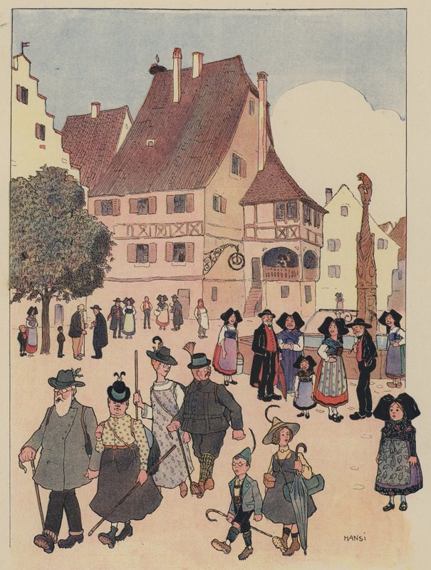 Turistas alemães em uma vila da Alsácia (lito colorido) de Jean Jacques Waltz
