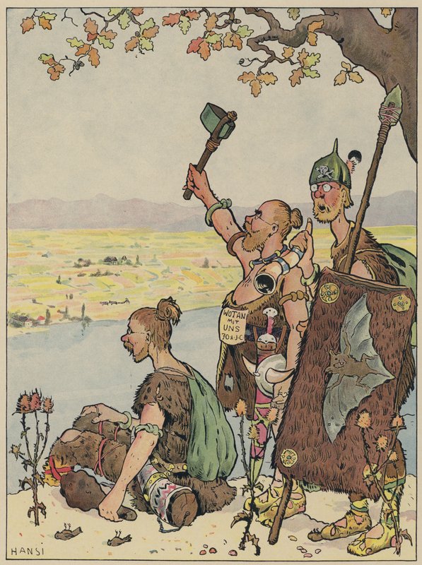 Os alemães olhando para a Alsácia a partir da margem distante do Reno (cor litho) de Jean Jacques Waltz