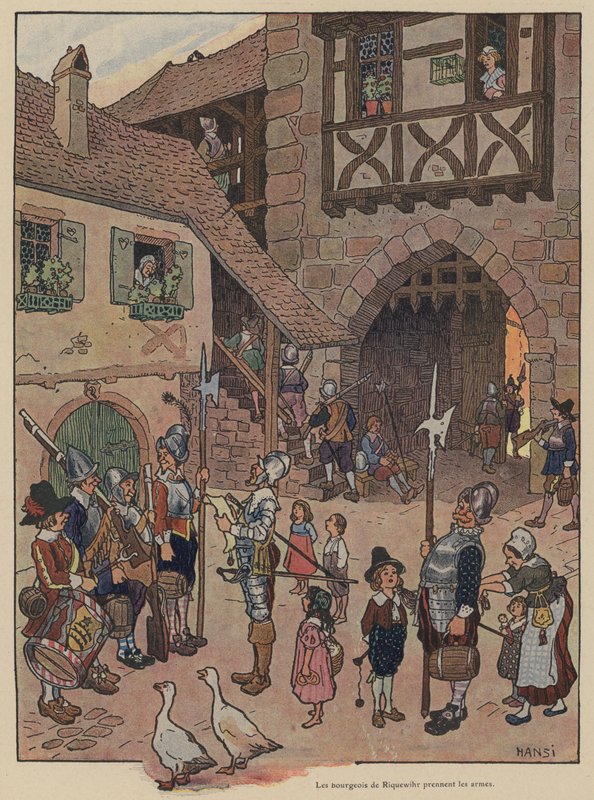 Os burgueses de Riquewihr chamados às armas (cor litho) de Jean Jacques Waltz