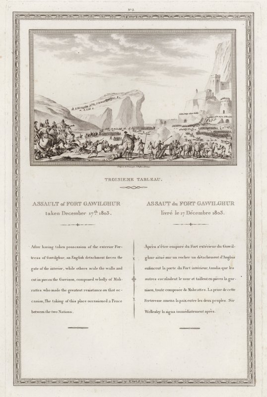 Captura do forte de Gawilghur pelos britânicos sob o comando de Arthur Wellesley, Segunda Guerra Anglo-Marashtra, Índia de Jean (after) Duplessi Bertaux