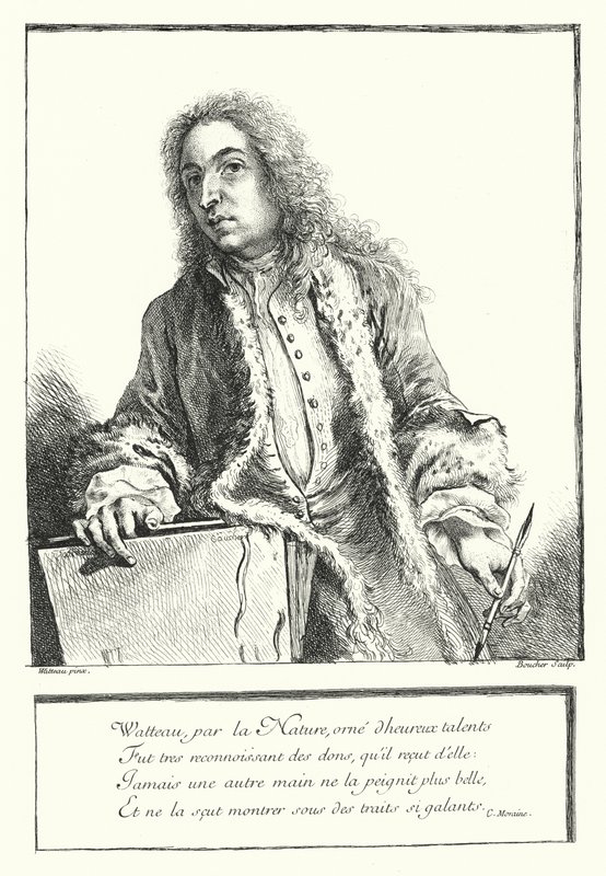 Auto-retrato do artista francês Antoine Watteau (gravura) de Jean Antoine (after) Watteau