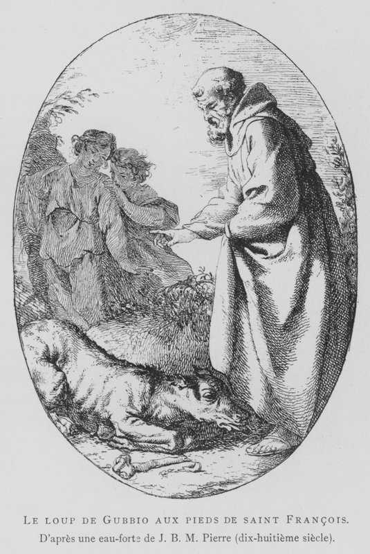 O lobo de Gubbio aos pés de São Francisco de Assis (Litho) de Jean Baptiste Marie (after) Pierre