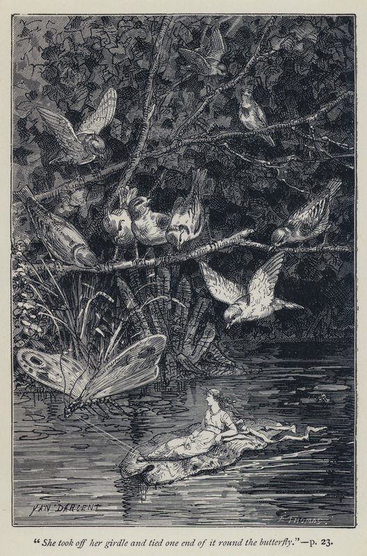 "Ela tirou a cinta e amarrou uma ponta dela à volta da borboleta" (gravura) de Jean Edouard Dargent