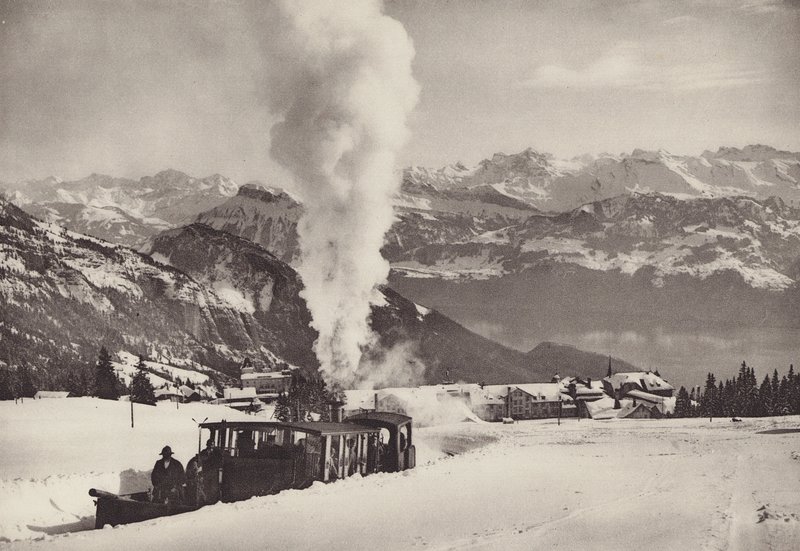 Rigi Kaltbad, trem de esportes de inverno do Vitznau Rigi Bahn (foto p/b) de Jean Gaberell