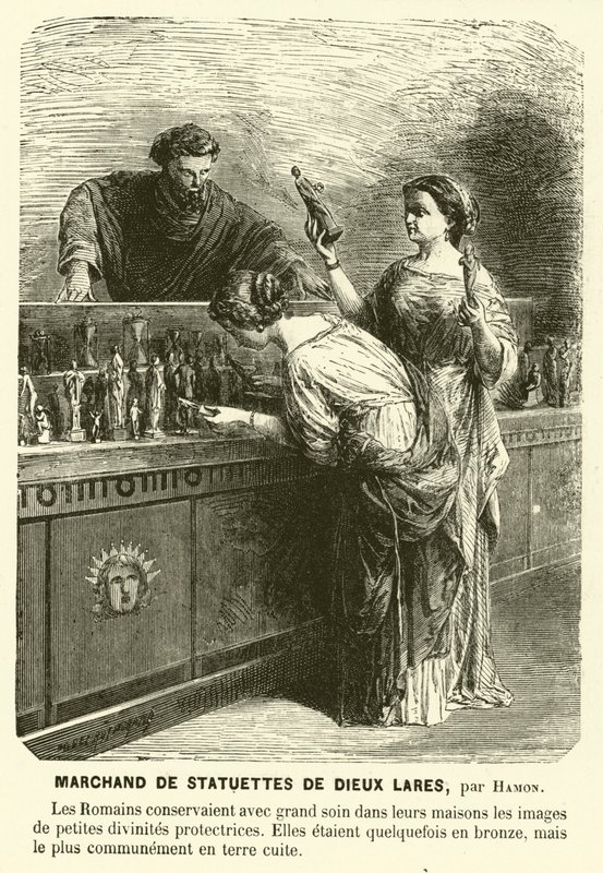 Vendedor de estatuetas de Lares, antigas divindades guardiãs romanas (gravura) de Jean Louis Hamon