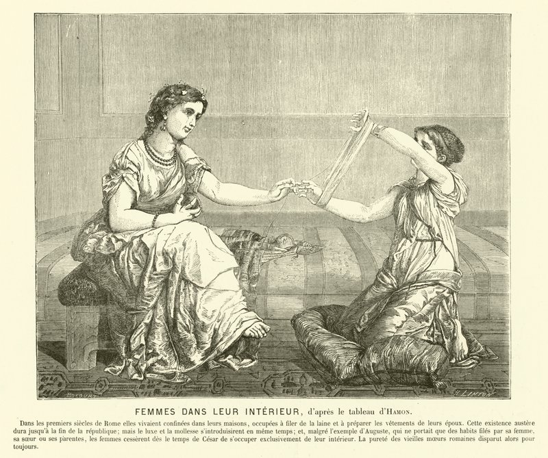 Mulheres fiando lã em uma casa, Roma antiga (gravura) de Jean Louis Hamon