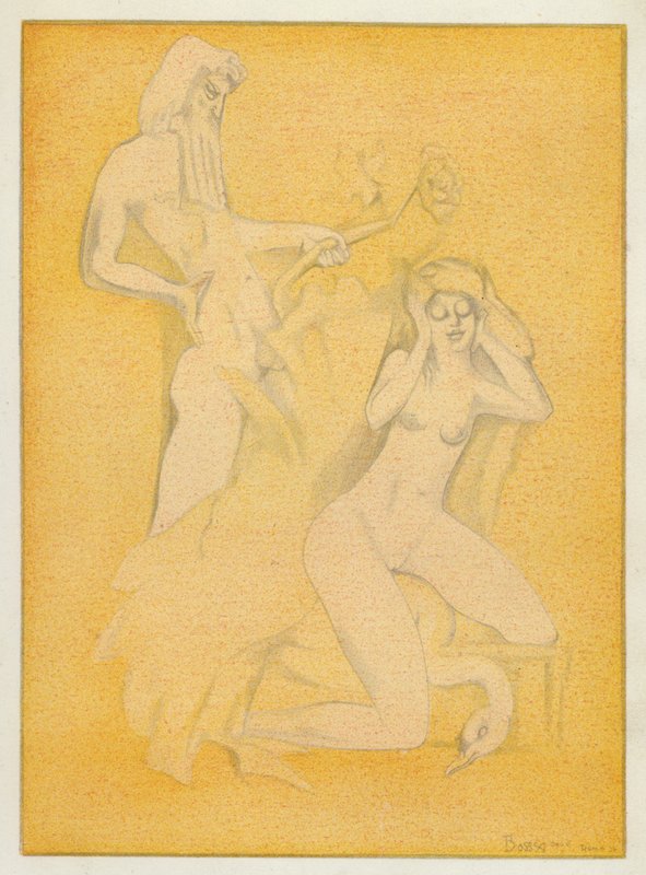 Os livros de amor de Ovídio: A bela Leda, que o divino adúltero seduziu (litografia a cores) de Jean de Bosschere