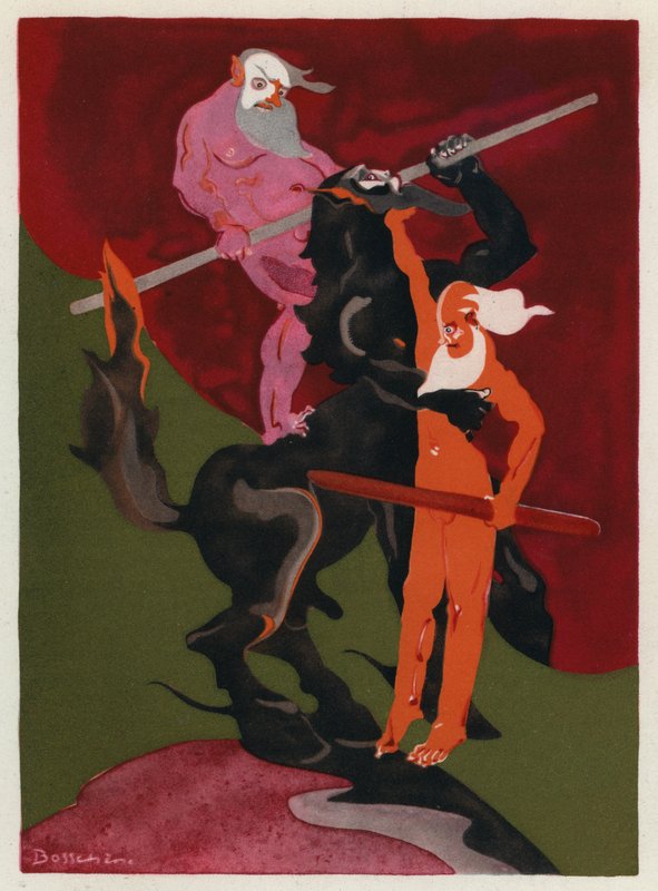 Os livros de amor de Ovídio: A feroz Lapithae e a monstruosa raça dos Centauros (litografia a cores) de Jean de Bosschere