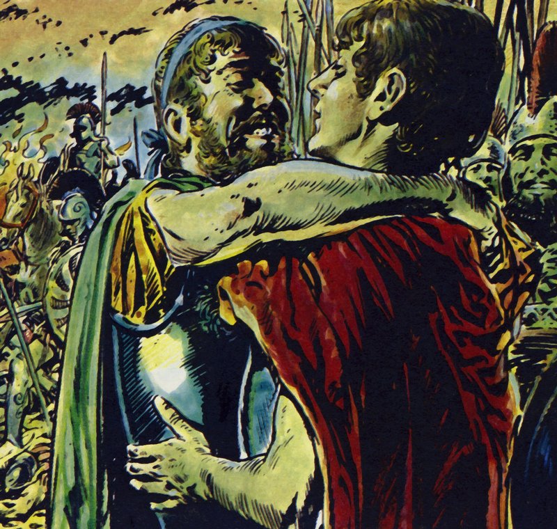 Alexandre juntou-se ao seu pai na batalha contra os gregos (litografia a cores) de Jesus Blasco