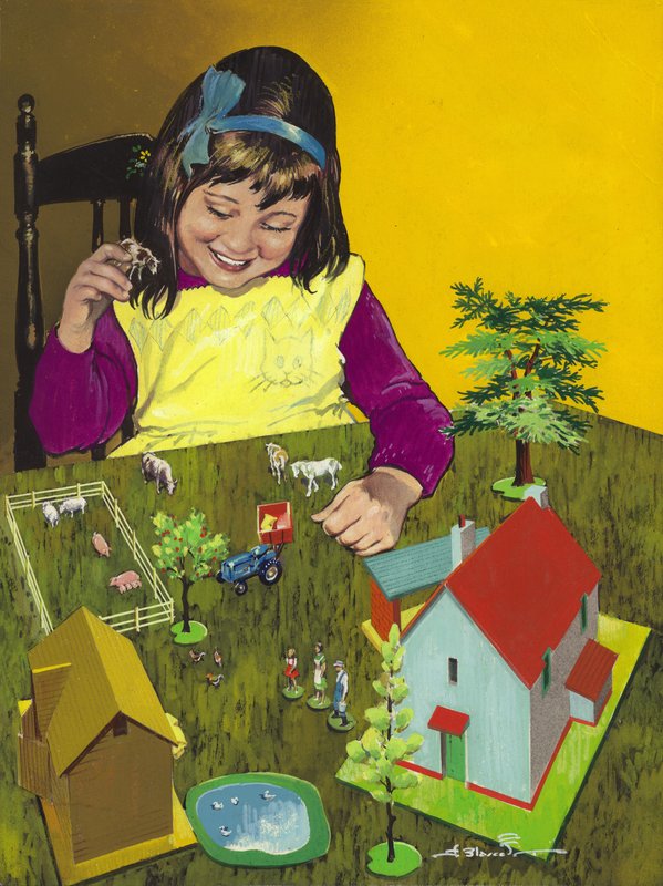 Rapariga com quinta de brincar (guache sobre papel) de Jesus Blasco
