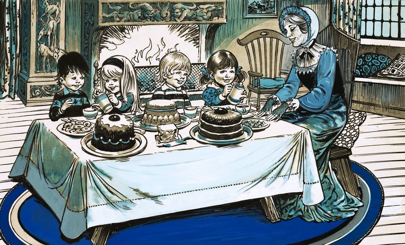 Cena não identificada de crianças a comer um banquete diante de uma fogueira crepitante de Jesus Blasco