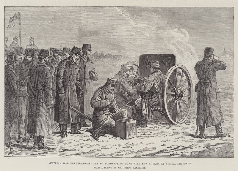 Preparações de guerra austríaca, experimentando armas de Nordenfeldt com novas conchas, em Viena Neustadt de Johann Nepomuk Schonberg