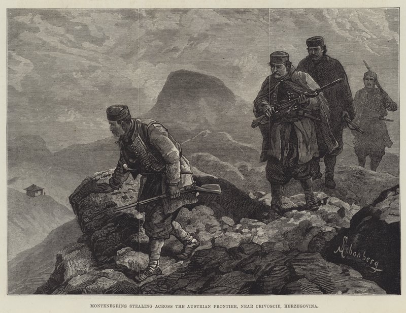 Montenegrinos que roubam através da fronteira austríaca, perto de Crivoscie, Herzegovina de Johann Nepomuk Schonberg