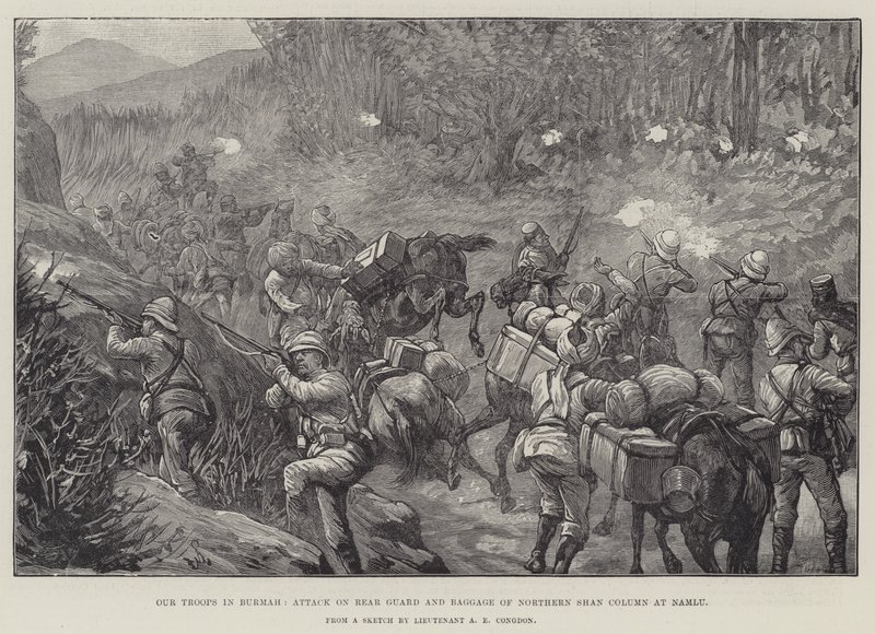 Nossas tropas em Burmah, ataque à retaguarda e bagagem da coluna do norte Shan em Namlu de Johann Nepomuk Schonberg