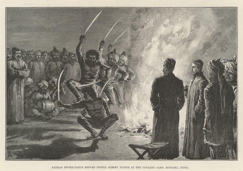 Pathan espada de dança antes do Príncipe Albert Victor no acampamento de cavalaria, Muridki, Índia de Johann Nepomuk Schonberg