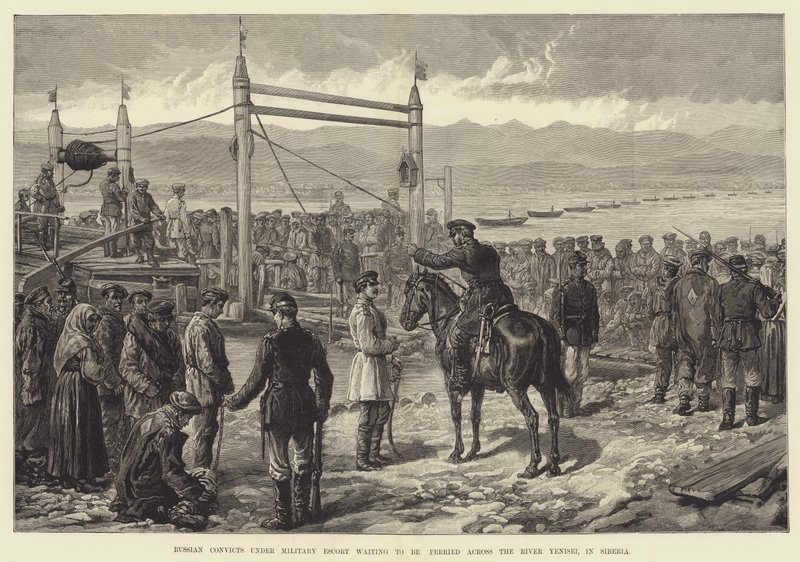 Condenados russos sob escolta militar esperando para serem transportados através do rio Yenisei, na Sibéria de Johann Nepomuk Schonberg