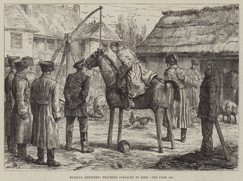 Esboços russos, ensinando cossacos a cavalgar de Johann Nepomuk Schonberg