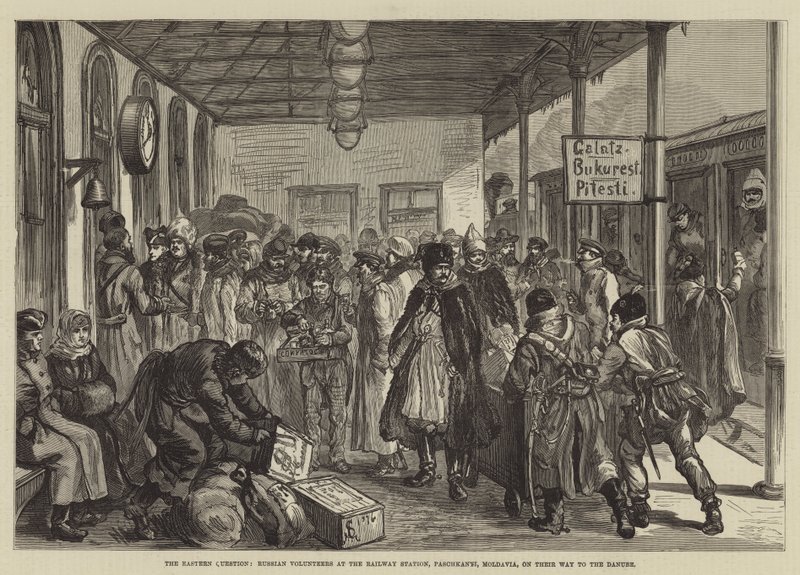 A questão oriental, Voluntários russos na estação ferroviária, Paschkanyi, Moldávia, em seu caminho para o Danúbio de Johann Nepomuk Schonberg