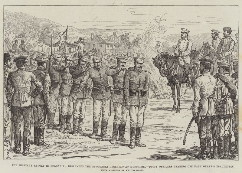 A Revolta Militar na Bulgária, desarmando o Regimento Stroumski em Kustendil, Pequenos Oficiais rasgando as Epaulettes um do outro de Johann Nepomuk Schonberg