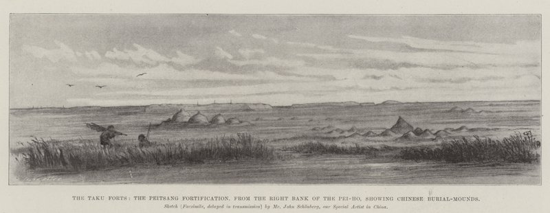 Os Fortes Taku, a Fortificação Peitsang, da Margem Direita do Pei-ho, mostrando os Burial-Mounds Chineses de Johann Nepomuk Schonberg