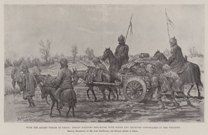 Com as Forças Aliadas na China, Soldados Indianos retornando com Bens e Arquivos confiscados nas Aldeias de Johann Nepomuk Schonberg