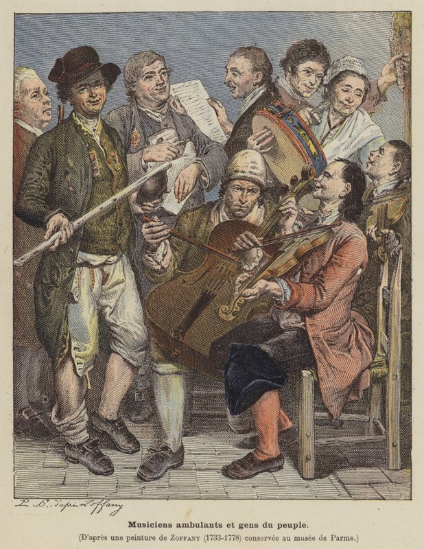 Músicos viajantes e pessoas comuns (cor litho) de Johann (after) Zoffany