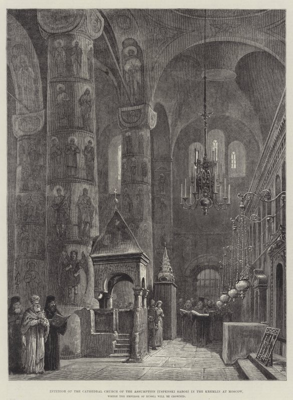 Interior da Catedral Igreja da Assunção (Uspenski Sabor) no Kremlin em Moscou, onde o imperador da Rússia será coroado de Johann Nepomuk Schonberg
