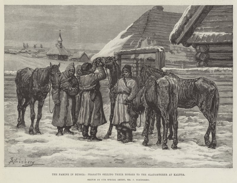 A fome na Rússia, camponeses vendendo seus cavalos ao matadouro de Kaluga de Johann Nepomuk Schonberg