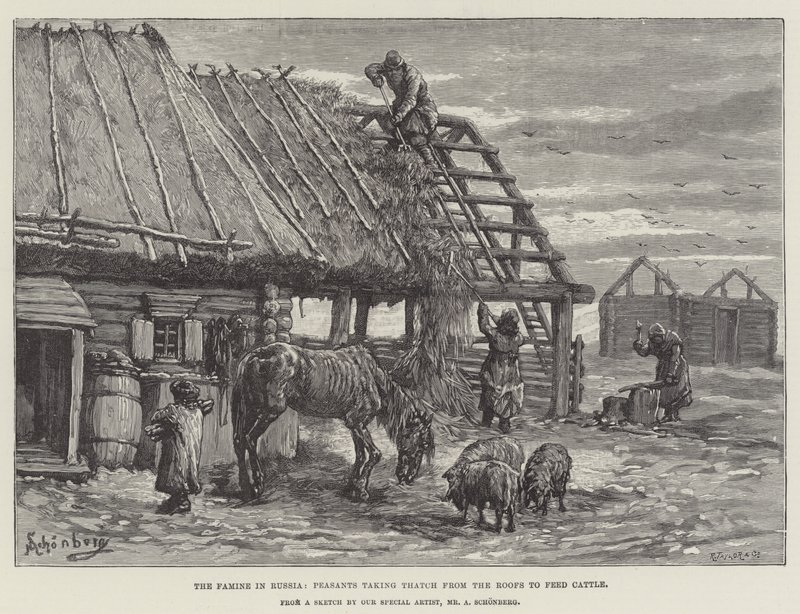 A fome na Rússia, os camponeses tomando Thatch dos telhados para alimentar gado de Johann Nepomuk Schonberg