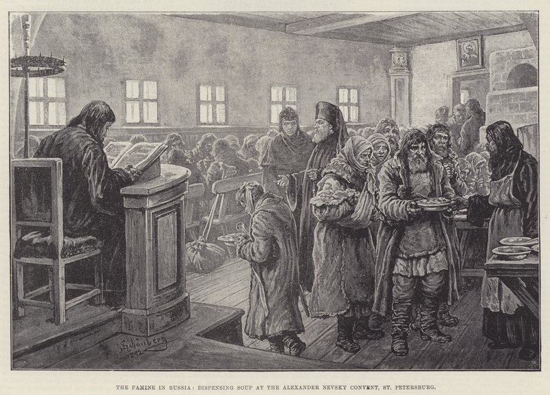 A fome na Rússia, dispensando sopa no convento de Alexander Nevsky, São Petersburgo de Johann Nepomuk Schonberg