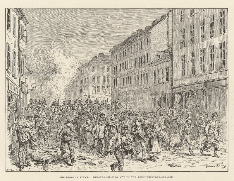 Os tumultos em Viena, Hussars perseguindo Mob na Lerchenfelder-Strasse de Johann Nepomuk Schonberg