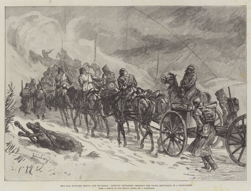 A guerra entre Servia e Bulgária, Servian Artillery cruzando as montanhas Ploca em uma tempestade de neve de Johann Nepomuk Schonberg