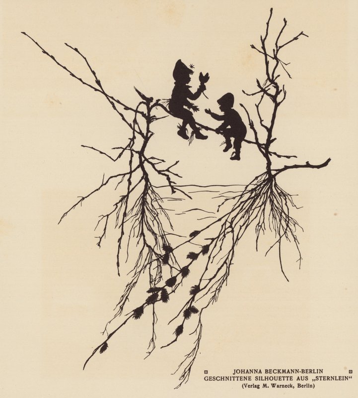 Silhueta de duas figuras sentadas num ramo (litografia) de Johanna Beckmann