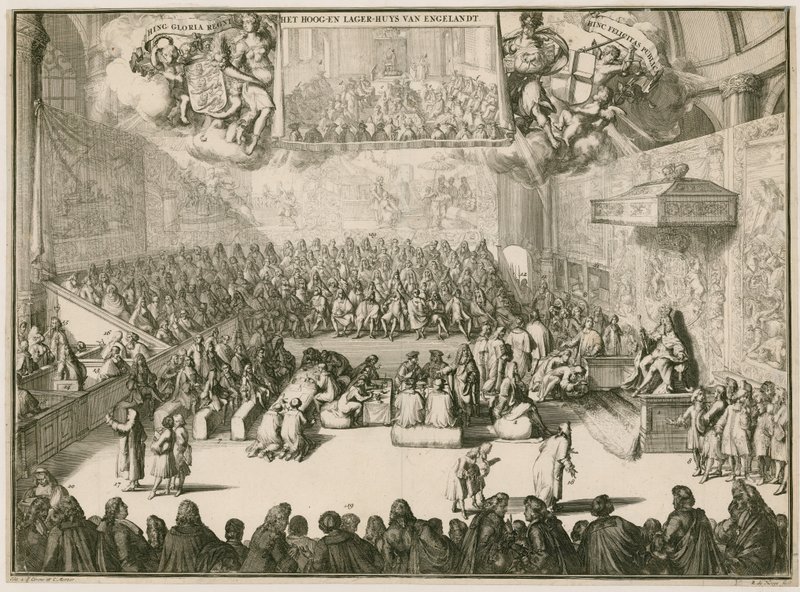 Uma sessão na Câmara dos Comuns com George II no trono de Johannes and Mortier, Cornelis Covens