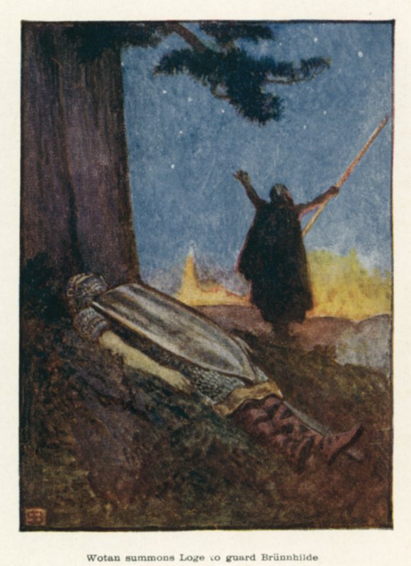 Wotan invoca Loge para proteger Brunnhilde de John Byam Liston Shaw