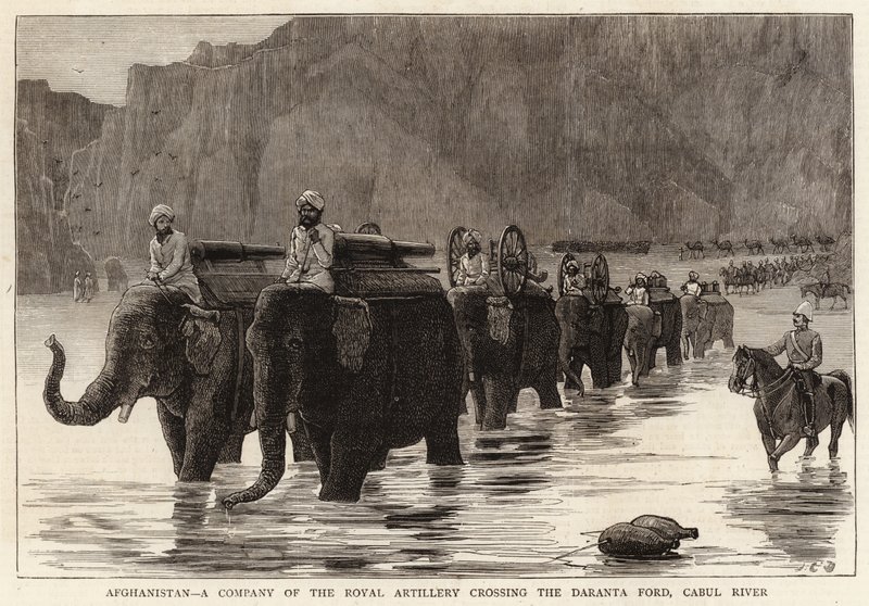 Afeganistão, uma companhia da artilharia real que cruza o Ford de Daranta, rio de Cabul de John Charles Dollman