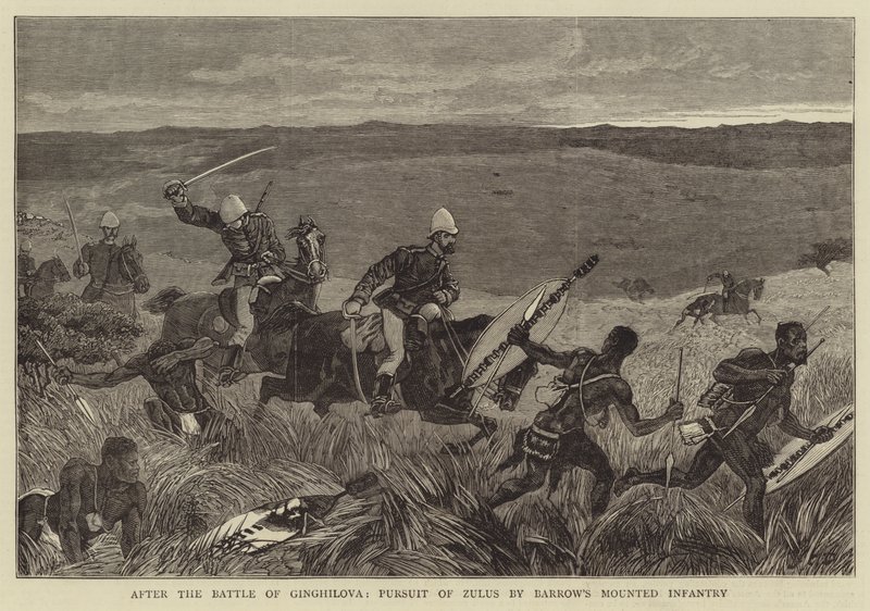 Após a Batalha de Ginghilova, Perseguição de Zulus pela Infantaria Montada de Barrow de John Charles Dollman