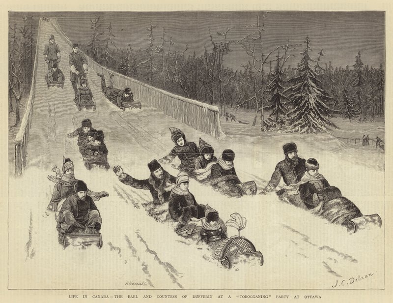 A vida no Canadá, o conde e condessa de Dufferin em um partido de tobogã em Ottawa de John Charles Dollman