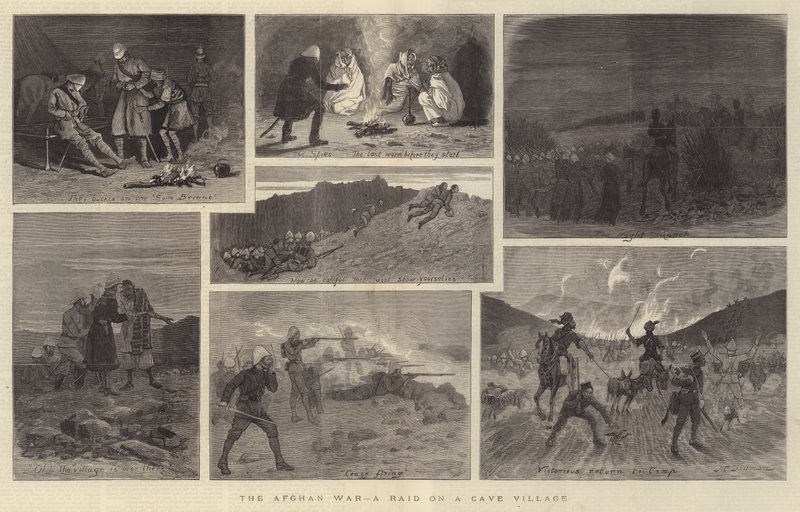 A Guerra do Afeganistão, uma invasão em uma vila caverna de John Charles Dollman