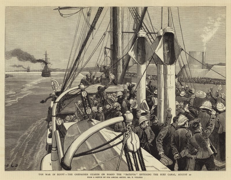 A guerra no Egito, os guardas granadeiros a bordo da Batávia entram no Canal de Suez, 20 de agosto de John Charles Dollman