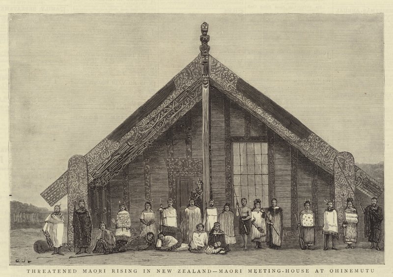 Maori ameaçado em ascensão na Nova Zelândia, Maori Meeting-House em Ohinemutu de John Charles Dollman
