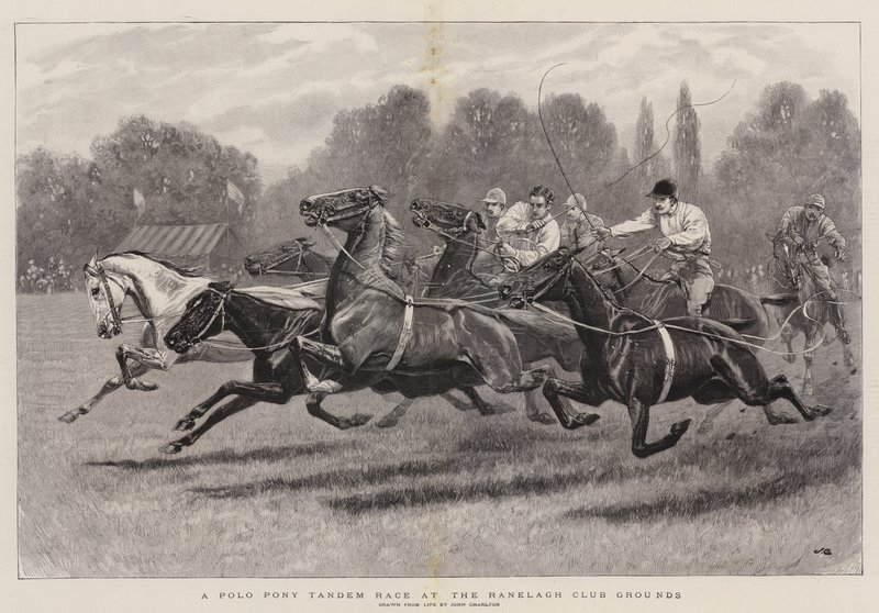Uma corrida em tandem de pônei de polo nas terras do clube de Ranelagh de John Charlton