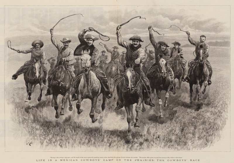 A vida no acampamento dos vaqueiros mexicanos nas pradarias, a corrida dos vaqueiros de John Charlton