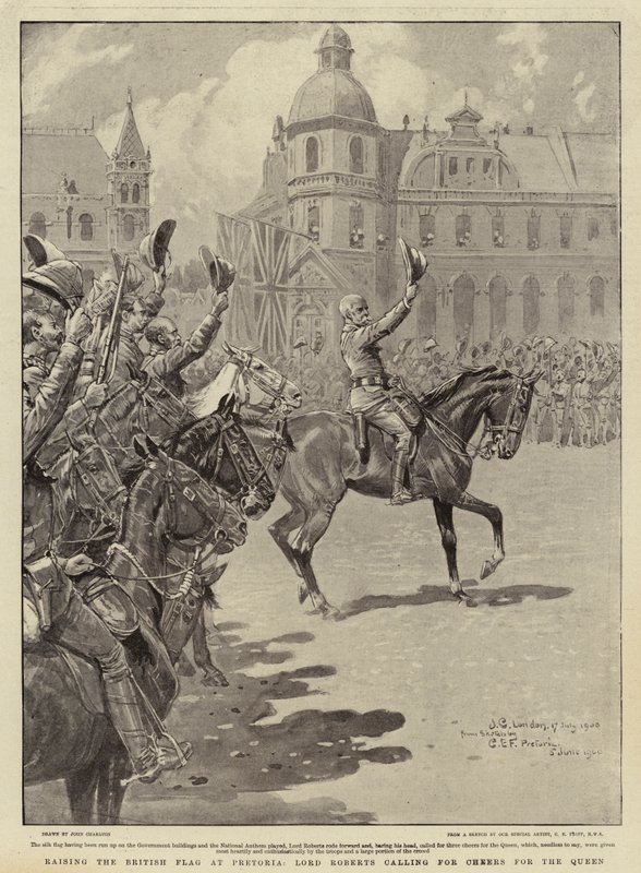 Levantando a bandeira britânica em Pretória, Lord Roberts chamando por Cheers for the Queen de John Charlton